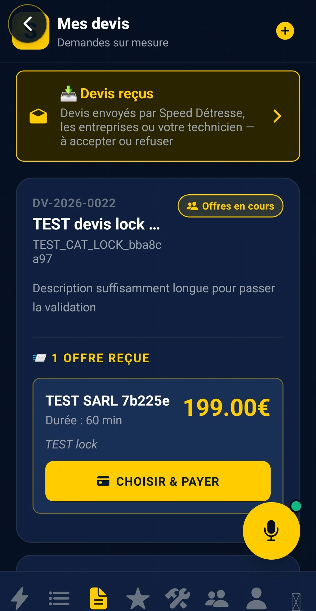 Application Speed Détresse — Mes devis